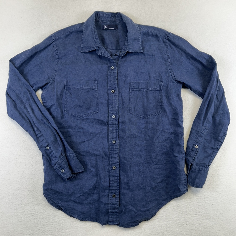 Gap Shirt Womens S Blue 100% Linen Button-Up Boyfriend Double Pocket Casual